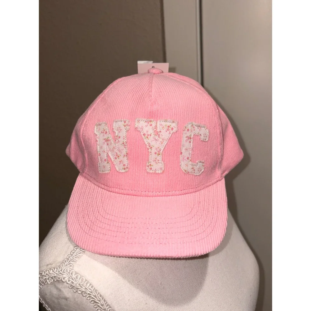 Kids Pink Corduroy NYC Floral Applique Baseball Cap Snapback Hat